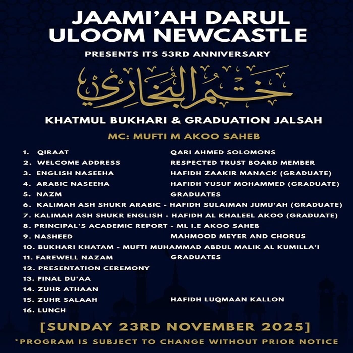 23 November 2025 - Jaam'iah Darul Uloom Newcastle Hifdhul Qur'aan and Hifdh Jalsah
