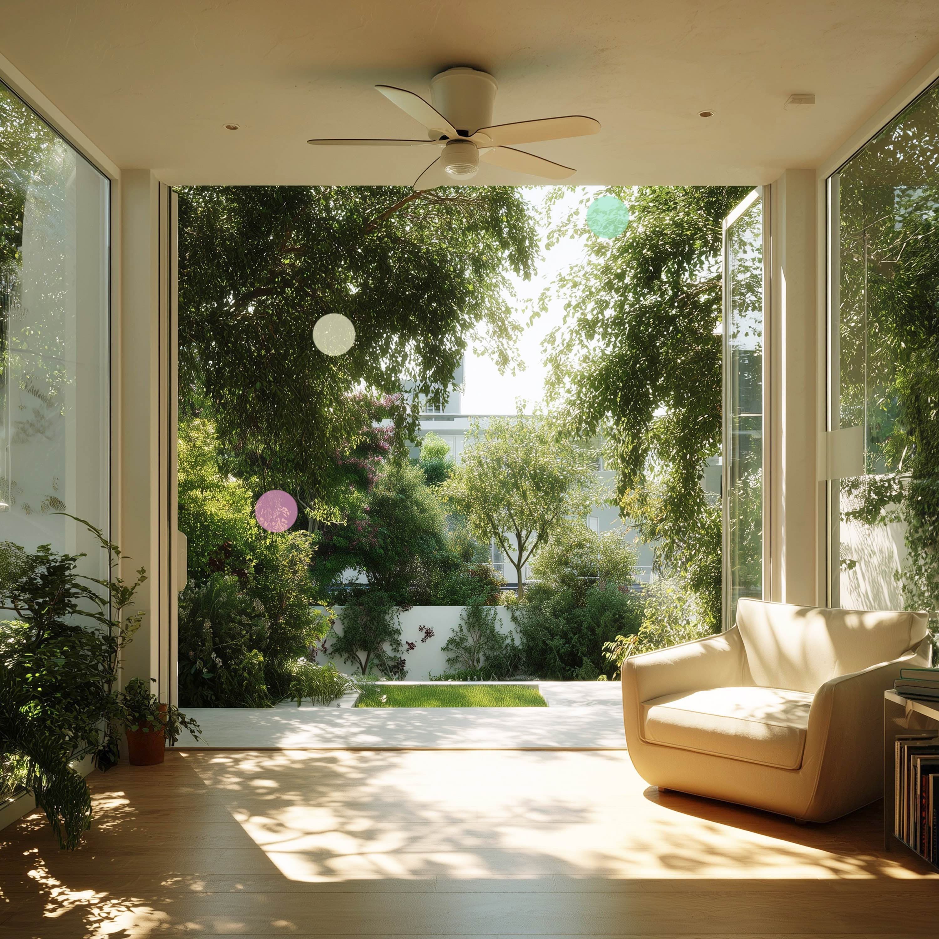 Ventilador de Techo en Sala de Jardín con Pájaros | Paisaje Sonoro de Verano
